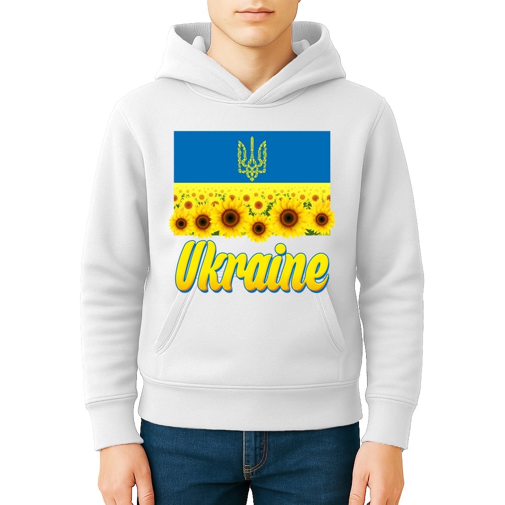 Ukraine Coat Of Arms Flag Blue Sky Field Of Sunflowers Kids Hoodie