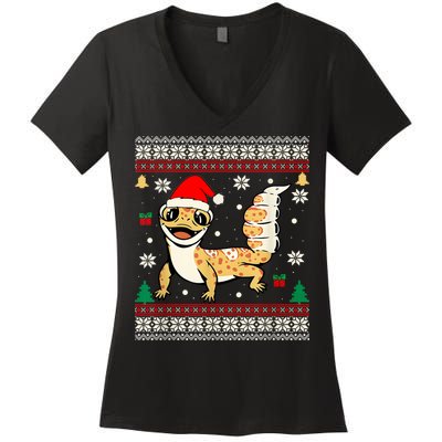 Ugly Christmas Pajama Sweater Leopard Gecko Animals Lover Women's V-Neck T-Shirt