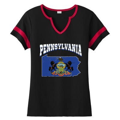 Us Citizen Proud America State Flag Land Map Pennsylvania Ladies Halftime Notch Neck Tee