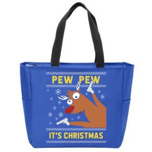 Ugly Crazy Reindeer Funny Pew Pew Its Christmas Great Gift Zip Tote Bag