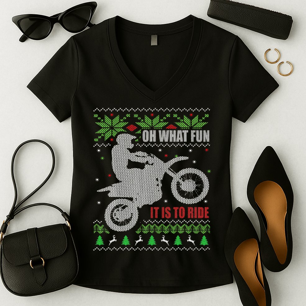 Ugly Christmas Sweater Dirt Bike Motorcycle Motocross Biker Women's V-Neck T-Shirt