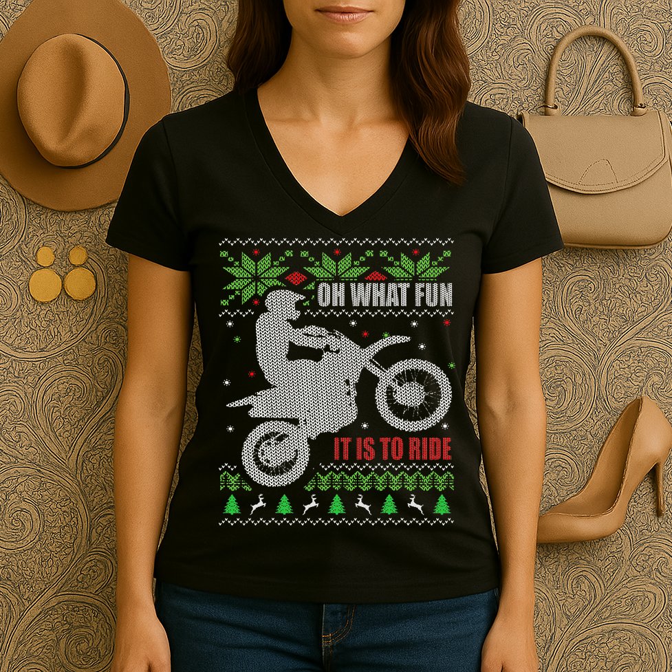 Ugly Christmas Sweater Dirt Bike Motorcycle Motocross Biker Women's V-Neck T-Shirt