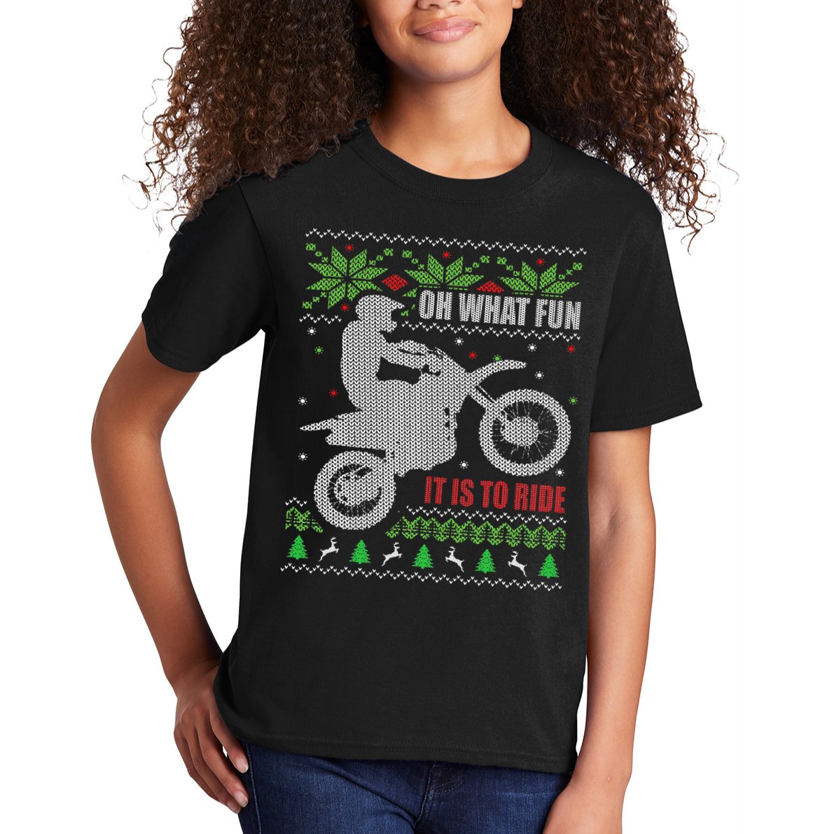 Ugly Christmas Sweater Dirt Bike Motorcycle Motocross Biker Kids T-Shirt