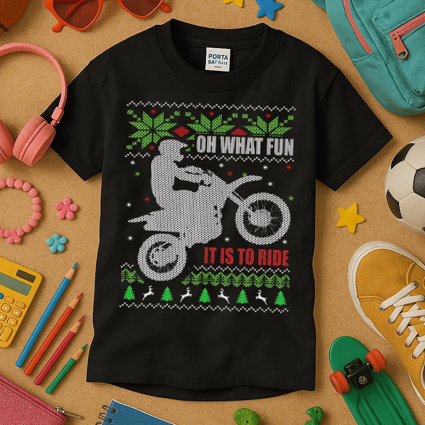 Ugly Christmas Sweater Dirt Bike Motorcycle Motocross Biker Kids T-Shirt