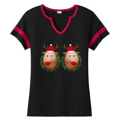 Ugly Christmas Sweater Merry Titmas Reindeer Boobs Naughty Gift Ladies Halftime Notch Neck Tee