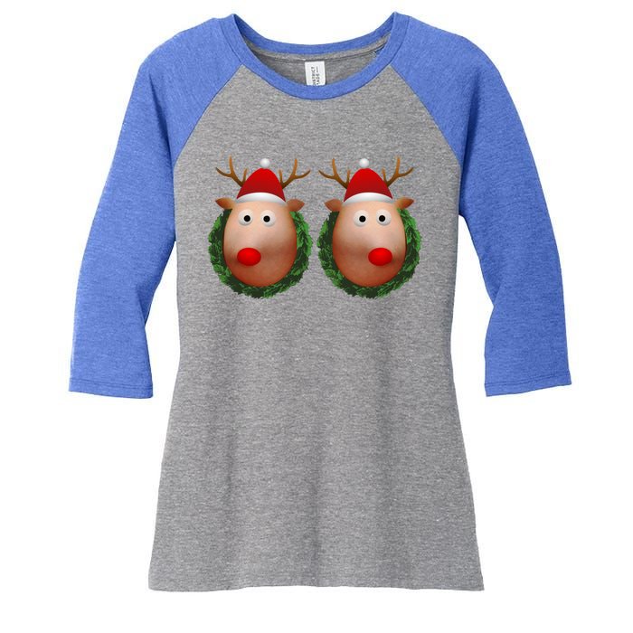 Ugly Christmas Sweater Merry Titmas Reindeer Boobs Naughty Gift Women's Tri-Blend 3/4-Sleeve Raglan Shirt