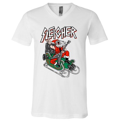 Ugly Christmas Sweater Sleigher Heavy Metal Santa Xmas V-Neck T-Shirt