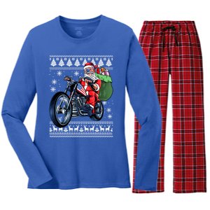 Ugly Christmas Santa Claus With Motorcycle Xmas Tree Women's Long Sleeve Flannel Pajama Set 