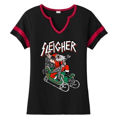 Ugly Christmas Sweater Sleigher Heavy Metal Santa Xmas Cool Gift Ladies Halftime Notch Neck Tee