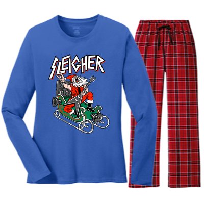 Ugly Christmas Sweater Sleigher Heavy Metal Santa Xmas Cool Gift Women's Long Sleeve Flannel Pajama Set 