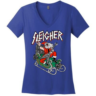 Ugly Christmas Sweater Sleigher Heavy Metal Santa Xmas Cool Gift Women's V-Neck T-Shirt