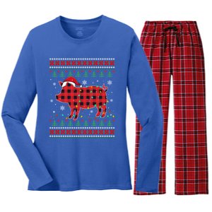 Ugly Christmas Sweater Pig Lover Xmas Lights Santa Meaningful Gift Women's Long Sleeve Flannel Pajama Set 