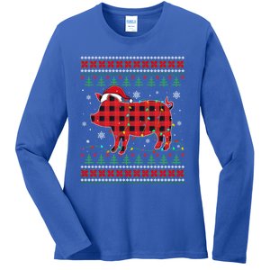 Ugly Christmas Sweater Pig Lover Xmas Lights Santa Meaningful Gift Ladies Long Sleeve Shirt