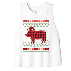 Ugly Christmas Sweater Pig Lover Xmas Lights Santa Meaningful Gift Women's Racerback Cropped Tank