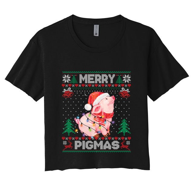 Ugly Christmas Sweater Pig Lover Xmas Lights Santa Gift Crop Top