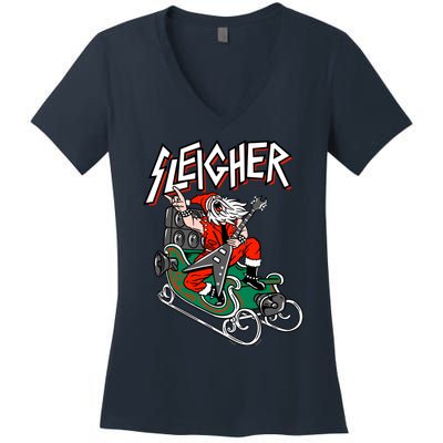 Ugly Christmas Sweater Sleigher Heavy Metal Santa Xmas Women's V-Neck T-Shirt