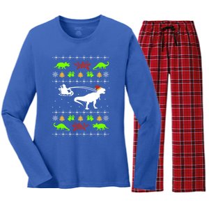 Ugly Christmas Santa Dino T Rex Nerd Geek Christmas Great Gift Women's Long Sleeve Flannel Pajama Set 