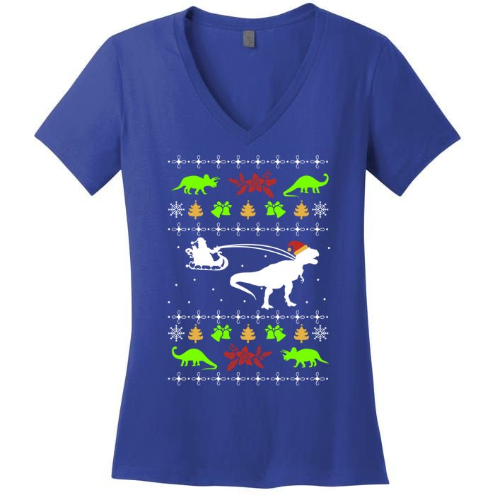 Ugly Christmas Santa Dino T Rex Nerd Geek Christmas Great Gift Women's V-Neck T-Shirt