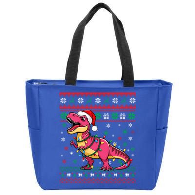 Ugly Christmas Santa Hat Dinosaur Snowflakes Lights Trex Gift Zip Tote Bag