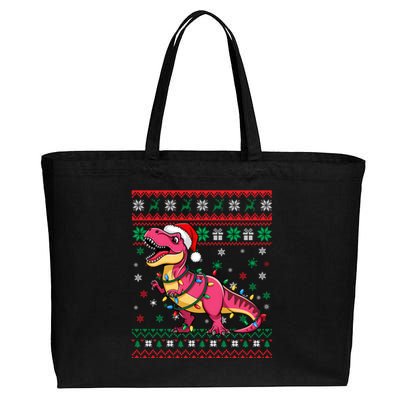 Ugly Christmas Santa Hat Dinosaur Snowflakes Lights Trex Gift Cotton Canvas Jumbo Tote