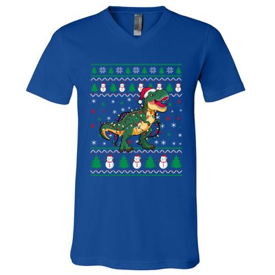 Ugly Christmas Santa Hat Snowflakes Lights Trex Snow Gift V-Neck T-Shirt