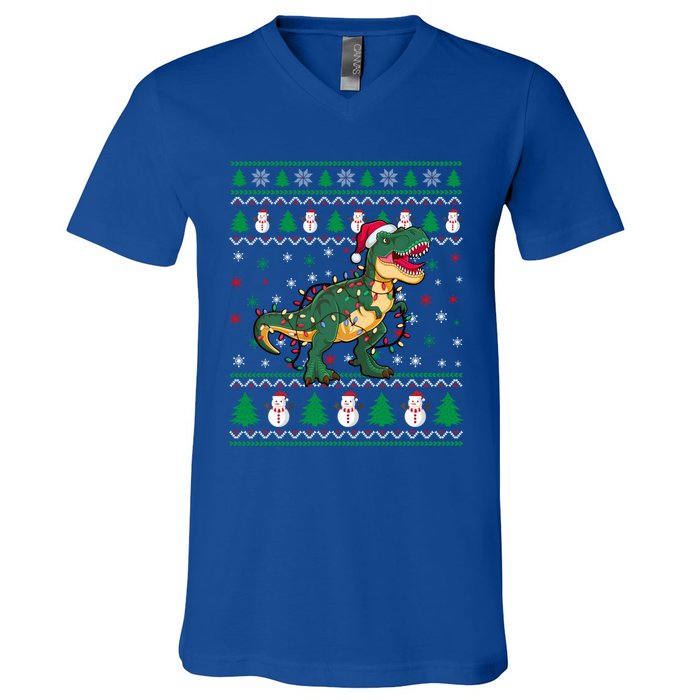 Ugly Christmas Santa Hat Snowflakes Lights Trex Snow Gift V-Neck T-Shirt