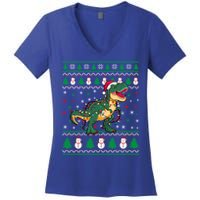 Ugly Christmas Santa Hat Snowflakes Lights Trex Snow Gift Women's V-Neck T-Shirt