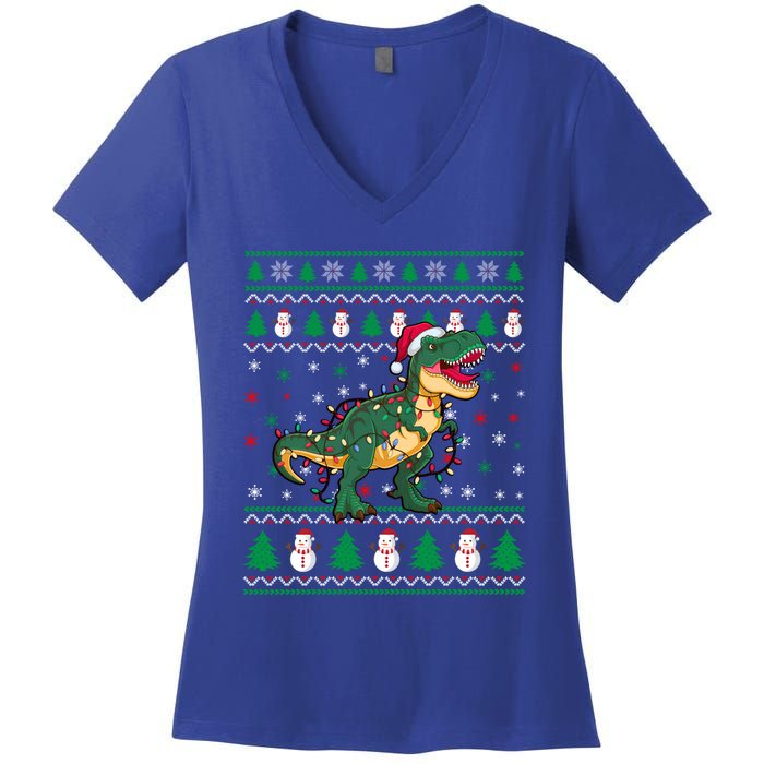 Ugly Christmas Santa Hat Snowflakes Lights Trex Snow Gift Women's V-Neck T-Shirt