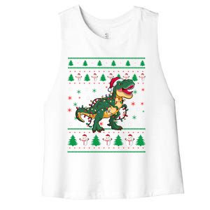 Ugly Christmas Santa Hat Snowflakes Lights Trex Snow Gift Women's Racerback Cropped Tank