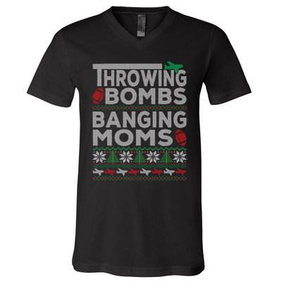 Ugly Christmas Sweater Football Throwing Bombs Banging Moms V-Neck T-Shirt