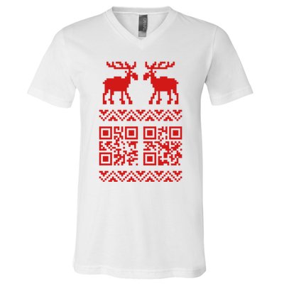 Ugly Christmas Sweater Qr Code Happy New Year V-Neck T-Shirt