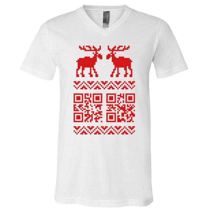 Ugly Christmas Sweater Qr Code Happy New Year V-Neck T-Shirt