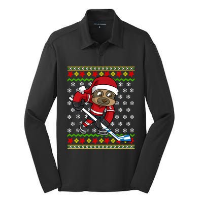 Ugly Christmas Sloth Hockey Player Gift Silk Touch Performance Long Sleeve Polo