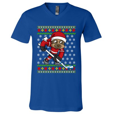 Ugly Christmas Sloth Hockey Player Gift V-Neck T-Shirt