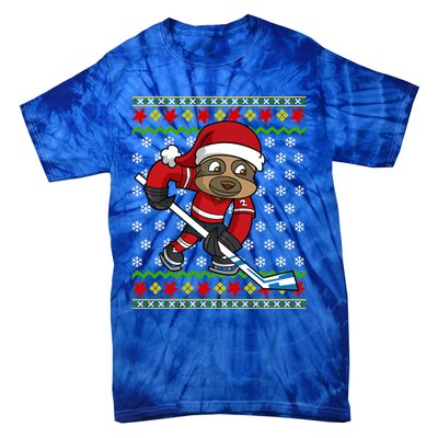 Ugly Christmas Sloth Hockey Player Gift Tie-Dye T-Shirt