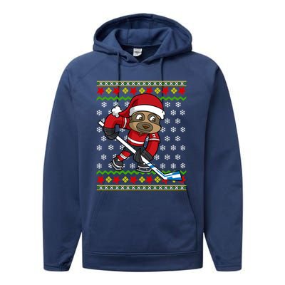 Ugly Christmas Sloth Hockey Player Gift Performance Fleece Hoodie