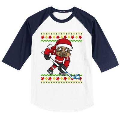 Ugly Christmas Sloth Hockey Player Gift Baseball Sleeve Shirt