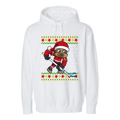 Ugly Christmas Sloth Hockey Player Gift Garment-Dyed Fleece Hoodie