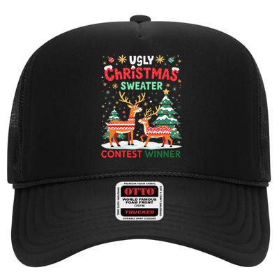 Ugly Christmas Sweater Reindeer Contest Winner Holiday High Crown Mesh Back Trucker Hat