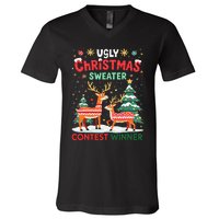 Ugly Christmas Sweater Reindeer Contest Winner Holiday V-Neck T-Shirt