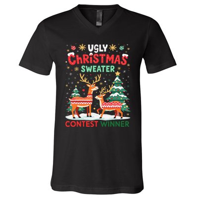 Ugly Christmas Sweater Reindeer Contest Winner Holiday V-Neck T-Shirt