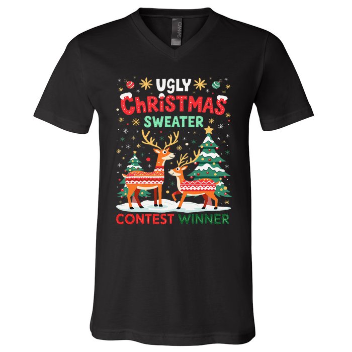 Ugly Christmas Sweater Reindeer Contest Winner Holiday V-Neck T-Shirt