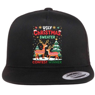 Ugly Christmas Sweater Reindeer Contest Winner Holiday Flat Bill Trucker Hat