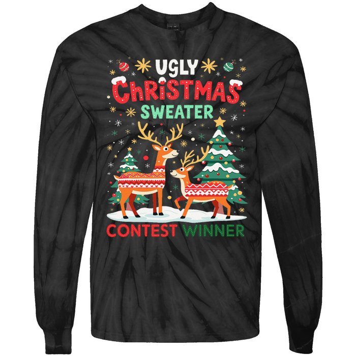 Ugly Christmas Sweater Reindeer Contest Winner Holiday Tie-Dye Long Sleeve Shirt