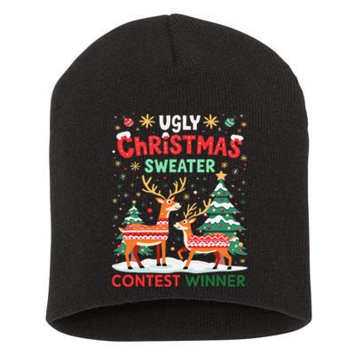 Ugly Christmas Sweater Reindeer Contest Winner Holiday Short Acrylic Beanie