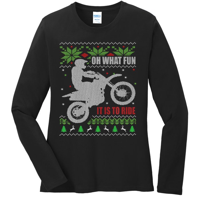 Ugly Christmas Sweater Dirt Bike Motorcycle Motocross Biker Ladies Long Sleeve Shirt