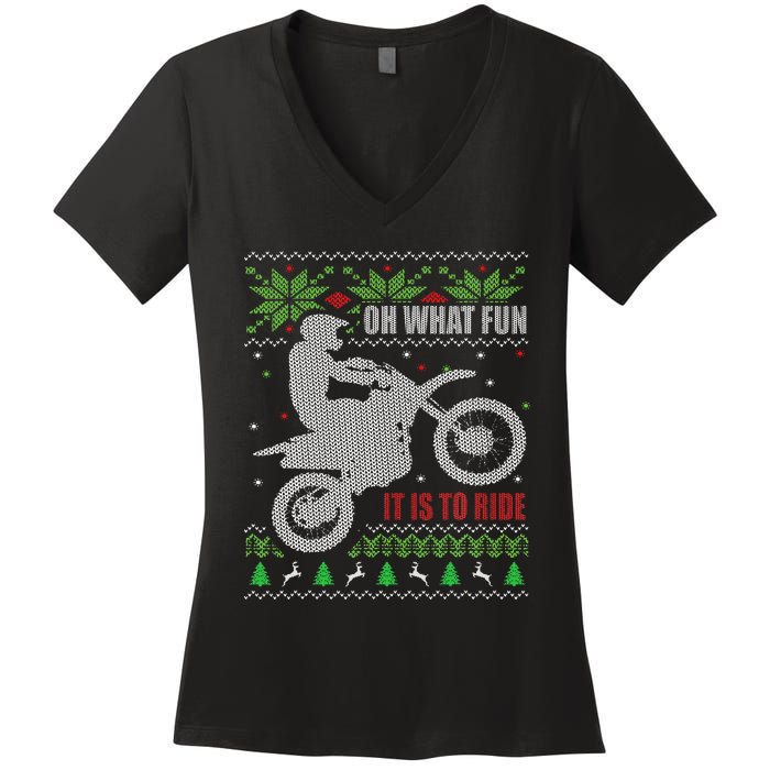 Ugly Christmas Sweater Dirt Bike Motorcycle Motocross Biker Women's V-Neck T-Shirt