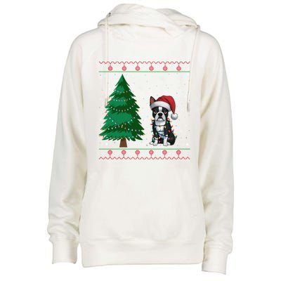 Ugly Christmas Style Xmas Lights Boston Terrier Great Gift Womens Funnel Neck Pullover Hood