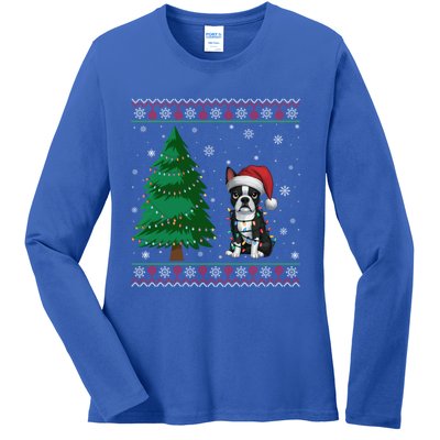 Ugly Christmas Style Xmas Lights Boston Terrier Great Gift Ladies Long Sleeve Shirt