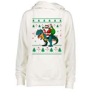 Ugly Christmas Santa Hat Dinosaur Lights Snowflakes Trex Gift Womens Funnel Neck Pullover Hood